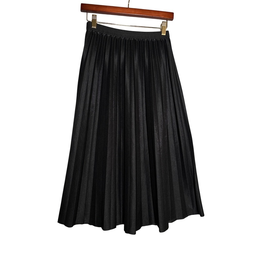 Black Accordion Pleated Midi Skirt M Elastic Waist Satin Sheen SK806 Womens